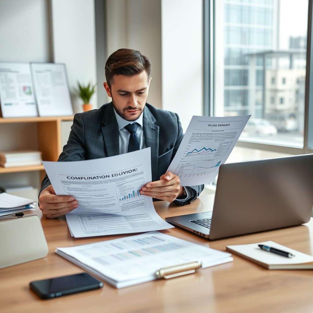 Professional stock photo of a businessperson reviewing compliance documents and financial reports on a modern desk with a laptop, symbolizing filing obligations and record-keeping.