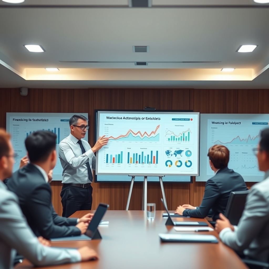 Professional stock photo of a financial analyst presenting charts and graphs to a boardroom, illustrating financial statement impacts and stakeholder communication.