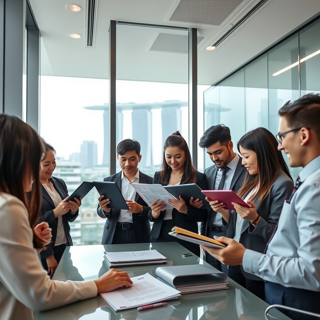 Professional stock photo of a diverse group of foreign professionals in a modern Singapore office reviewing financial documents and digital tablets, with Marina Bay Sands visible through a window, representing taxable income types for foreigners.
