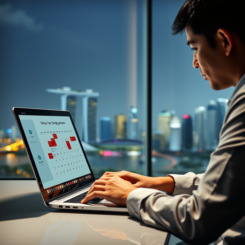 Professional stock photo of a focused foreign professional working on a laptop with tax filing software open, calendar showing April dates highlighted, and Singapore skyline in the background, representing tax deadlines and compliance.