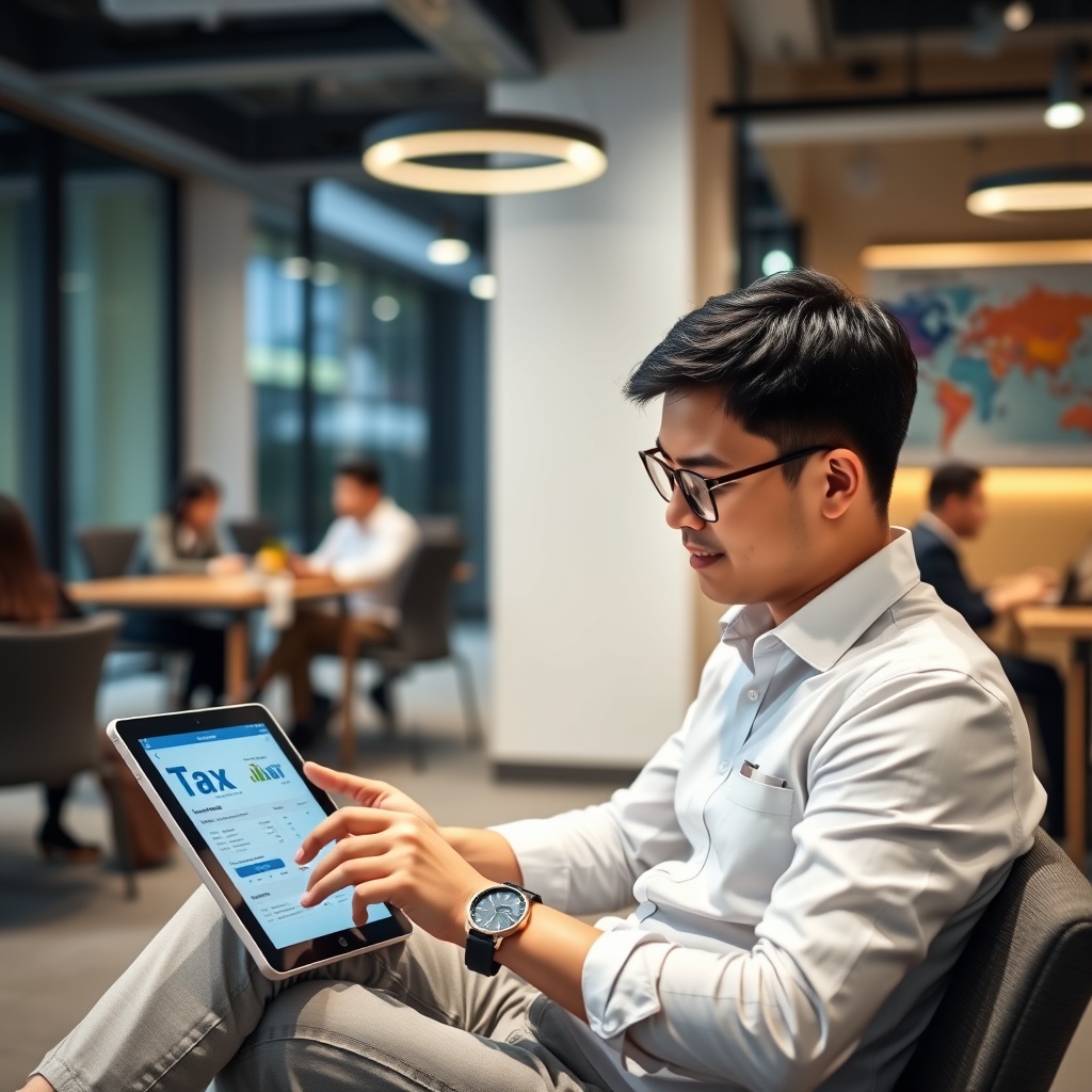 Professional stock photo of a foreigner using a tablet with tax calculation apps displayed, sitting in a contemporary Singapore co-working space with other international professionals, representing digital tax tools and resources.