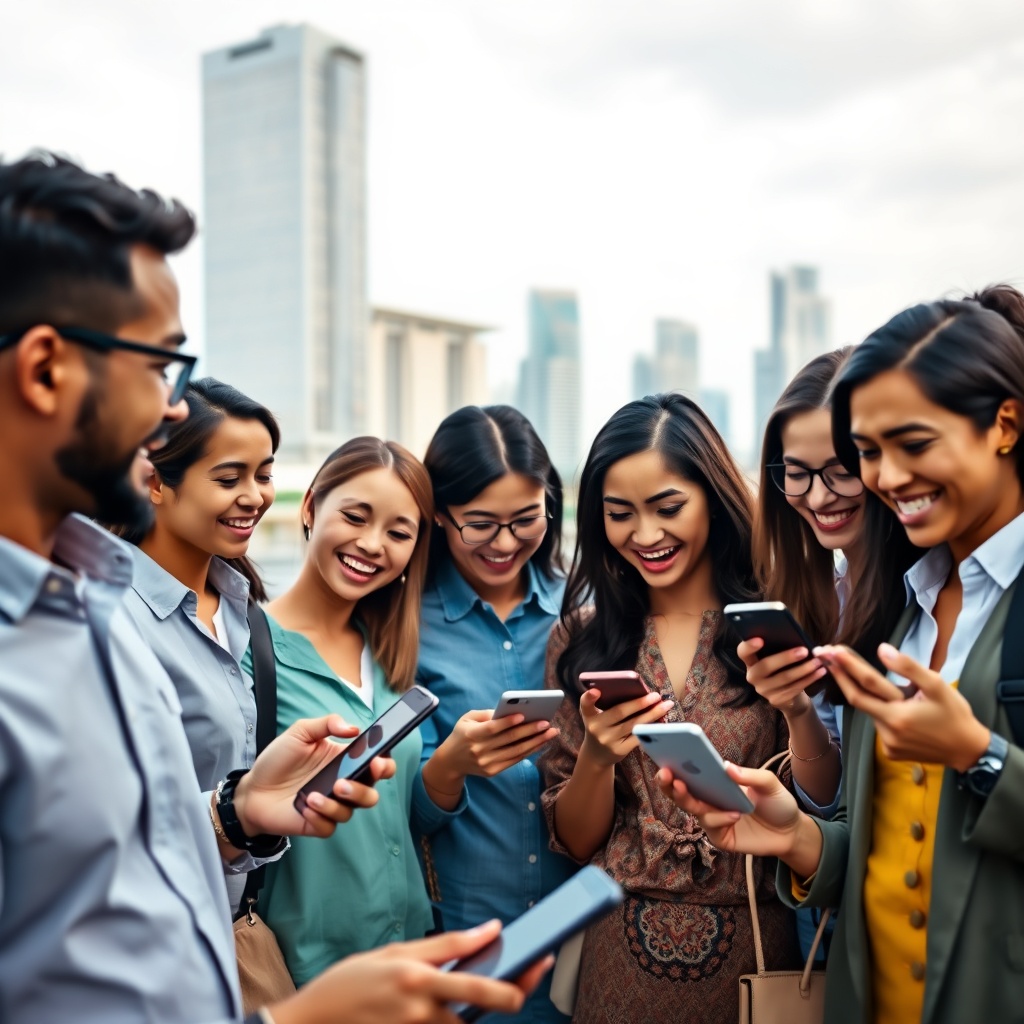 Professional stock photo of a diverse group of people smiling while using smartphones to manage their personal finances, with a modern Singapore cityscape in the background, representing enhanced user experience and personalized financial services.