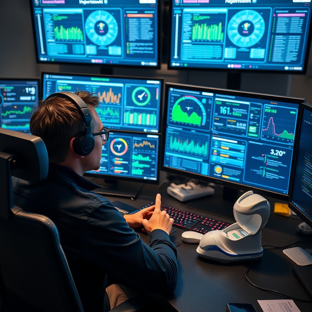 Professional stock photo of a cybersecurity expert analyzing complex digital security dashboards and API data flows on multiple monitors in a high-tech control room, symbolizing risk mitigation and secure implementation.