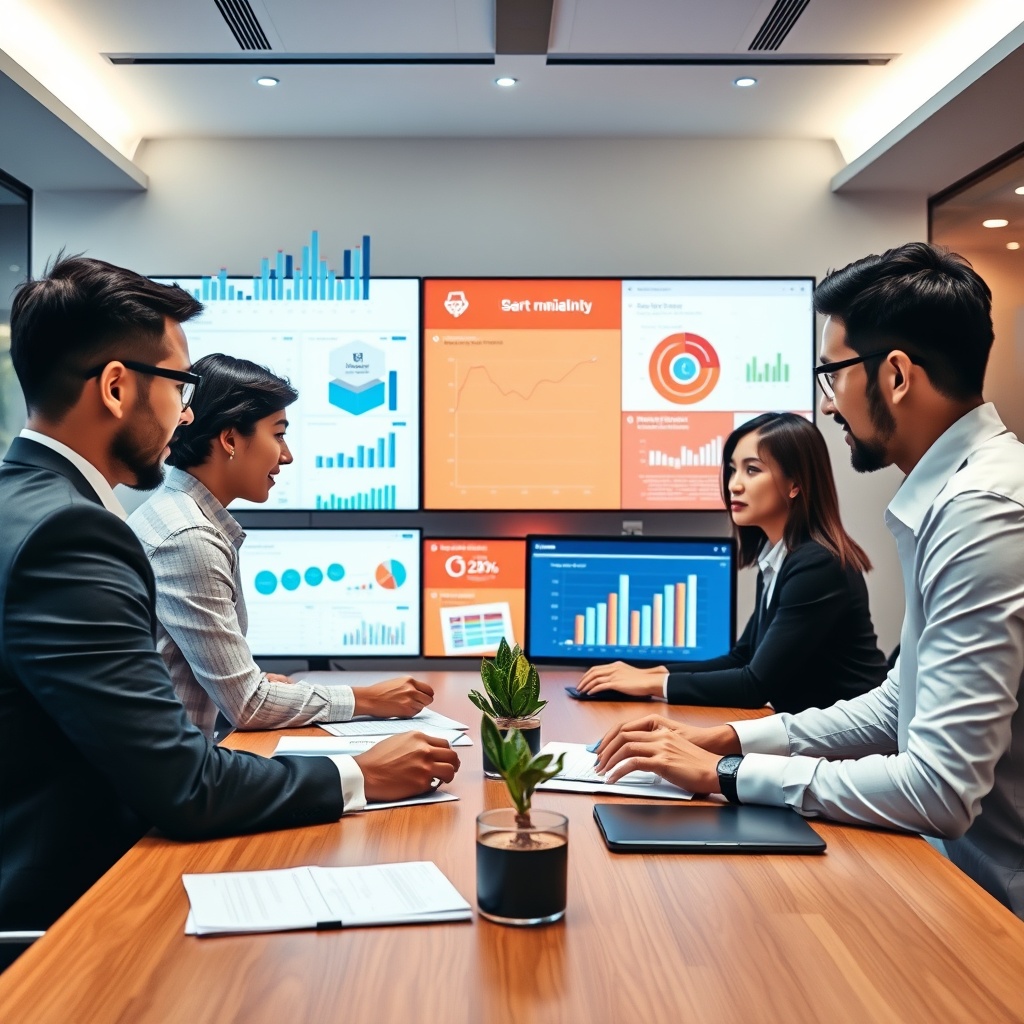 Professional stock photo of business professionals from different companies collaborating around a table with digital screens displaying analytics charts and partnership diagrams, representing collaborative ecosystems and sustainable growth.