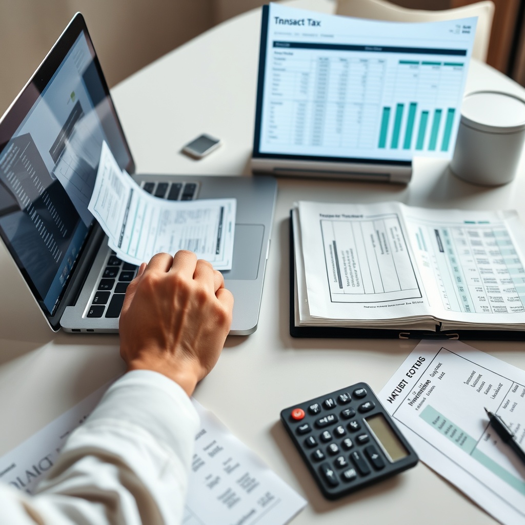 Professional stock photo of a person meticulously organizing digital financial documents on a laptop, with a clean desk setup showing a calculator and printed transaction logs, representing systematic tax reporting.