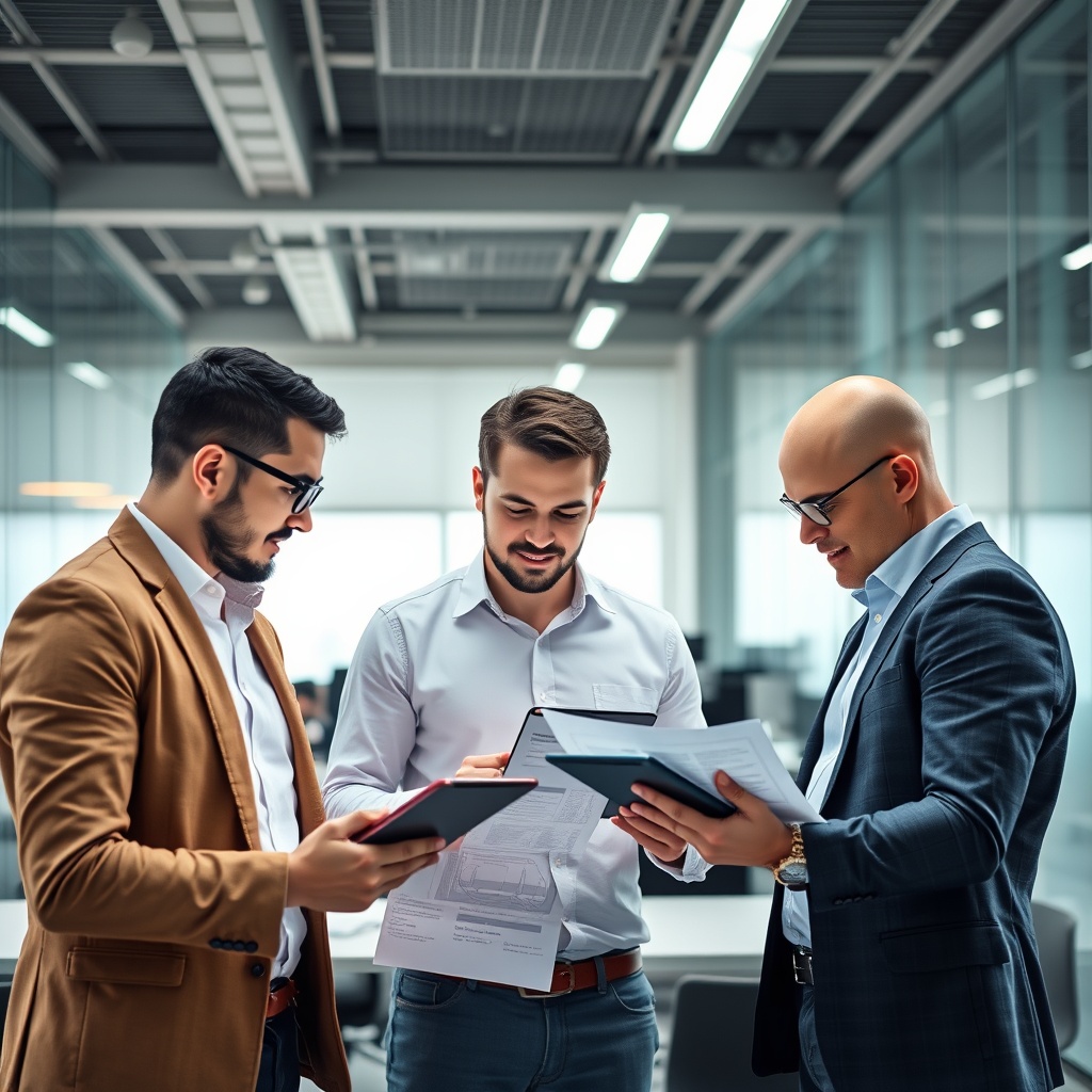 Professional stock photo of a modern office environment with entrepreneurs discussing business plans over digital tablets, symbolizing the establishment and operation of a crypto enterprise.