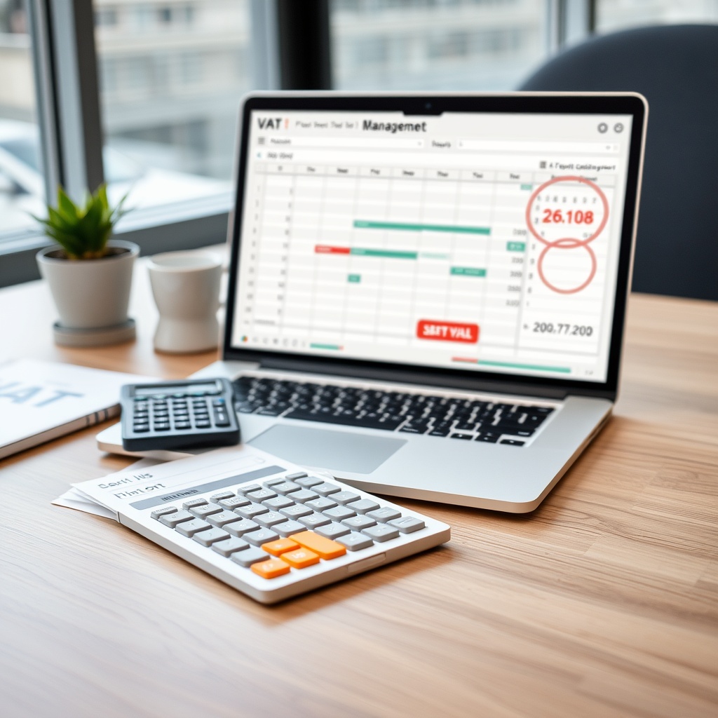 Professional stock photo of a modern office desk with a laptop displaying a spreadsheet, a calculator, and a calendar with important dates circled, representing VAT management and strategic financial planning for freelancers.