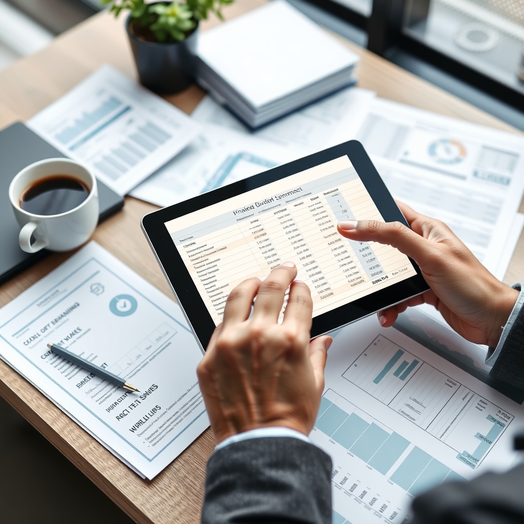 Professional stock photo of a person in a business setting reviewing a detailed budget spreadsheet on a tablet, with a coffee cup and financial documents neatly arranged, symbolizing financial planning and wealth building.