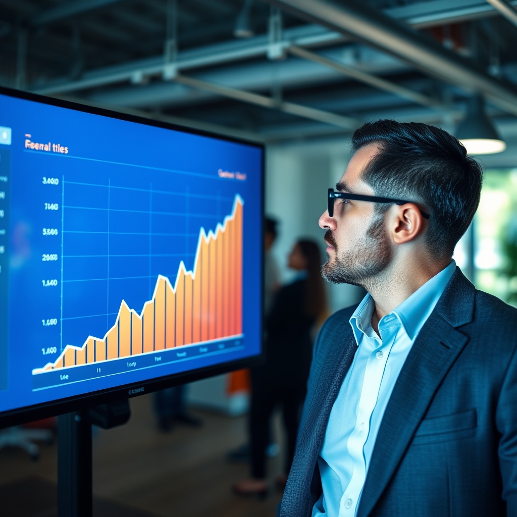Professional stock photo of a businessperson looking at a growth chart on a screen, with a team collaborating in the background, representing scaling a freelance business and managing growth.
