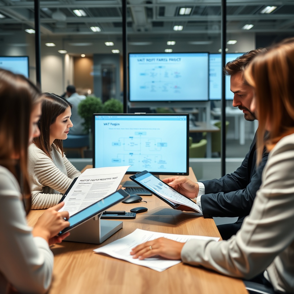 Professional stock photo of a business team reviewing digital documents on tablets and laptops in a modern office, with flowcharts and process diagrams visible on screens, representing VAT group registration and management.
