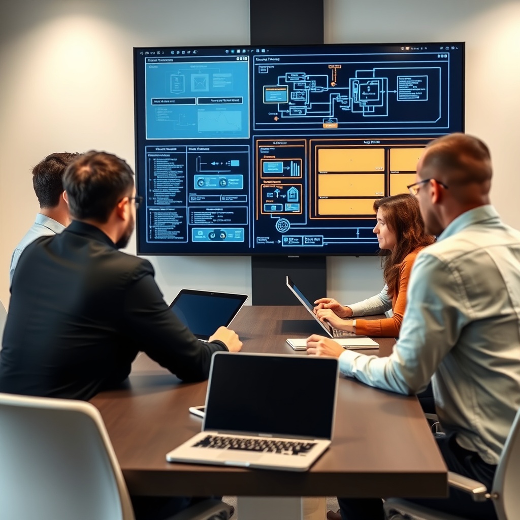 Professional stock photo of a diverse team in a corporate meeting room troubleshooting a technical issue on a large digital display showing system architecture diagrams, with laptops and tablets on the table.
