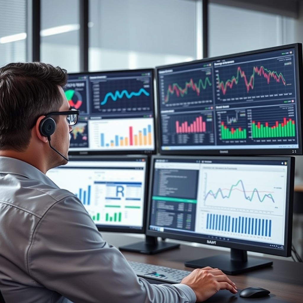 Professional stock photo of a business analyst working at a dual-monitor setup displaying data analytics dashboards and real-time monitoring graphs, with a focus on internal controls and fraud detection workflows.