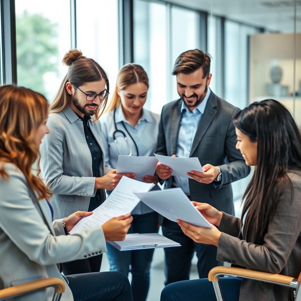 Professional stock photo of a diverse group of professionals in a modern office discussing documents, symbolizing social security and health insurance contributions and coordination.