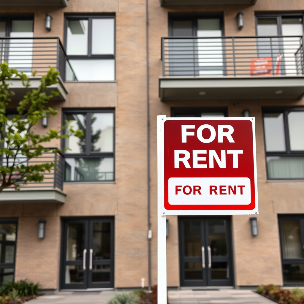 Professional stock photo of a modern apartment building exterior with a 'For Rent' sign, representing real estate taxation for property owners.