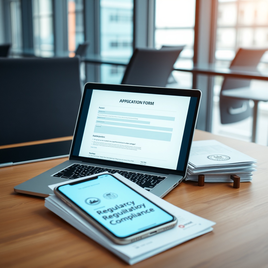 Professional stock photo of a modern office desk with a laptop displaying a digital application form, a stack of official documents with stamps, and a smartphone showing a regulatory compliance app, symbolizing licensing and authorization processes.