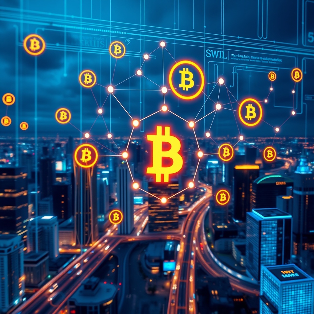 Professional stock photo of a futuristic digital interface with glowing blockchain nodes and cryptocurrency symbols overlaying a cityscape, representing crypto-asset and blockchain-based service regulation.