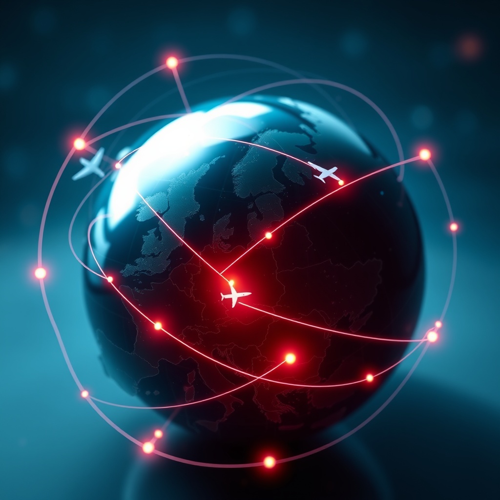 Professional stock photo of a globe with digital connections and flight paths linking Europe, with a focus on Slovakia, illustrating cross-border operations and passporting rights.
