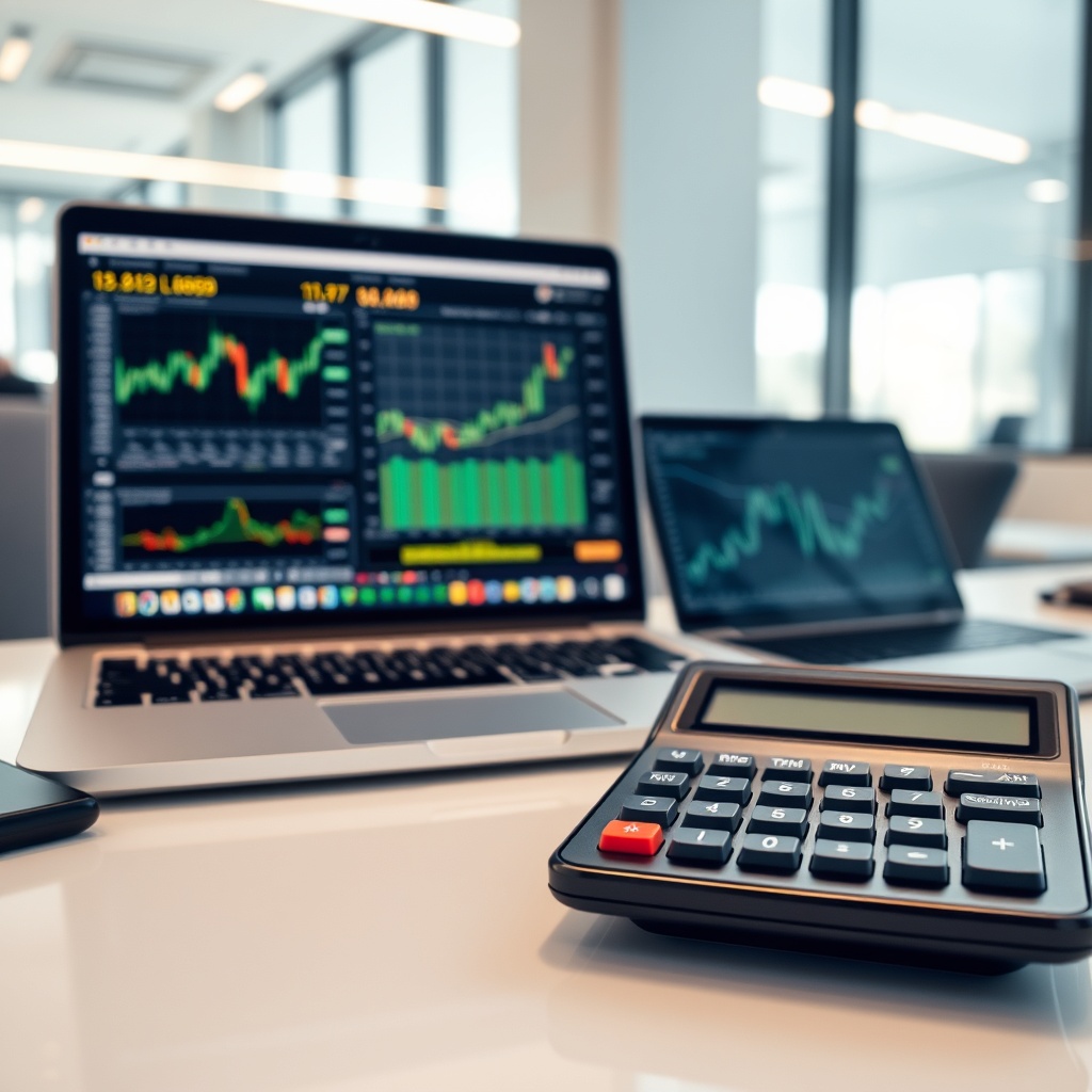 Professional stock photo of a modern calculator on a clean desk with a laptop showing cryptocurrency charts, representing tax calculation and financial planning in a sleek office environment.