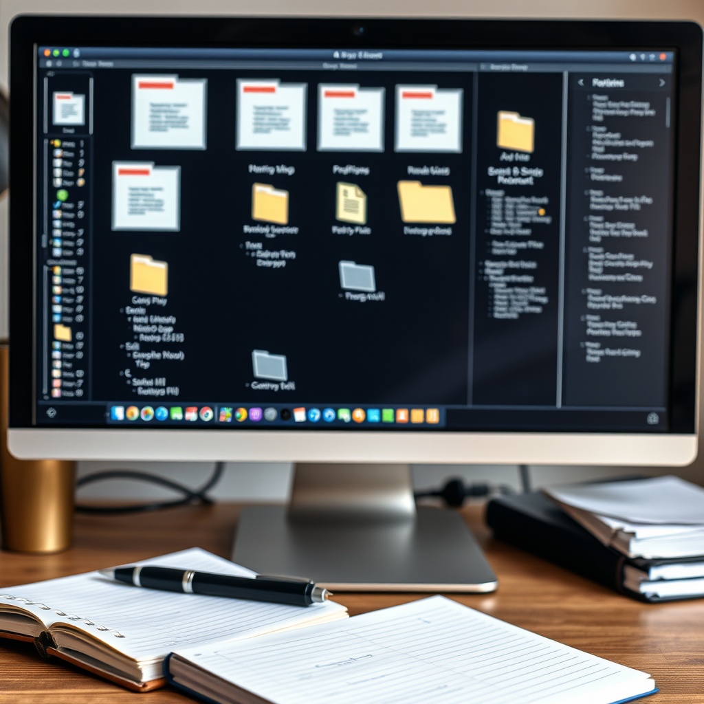 Professional stock photo of organized digital files and folders on a computer screen with a notebook and pen nearby, symbolizing meticulous record-keeping and documentation management.