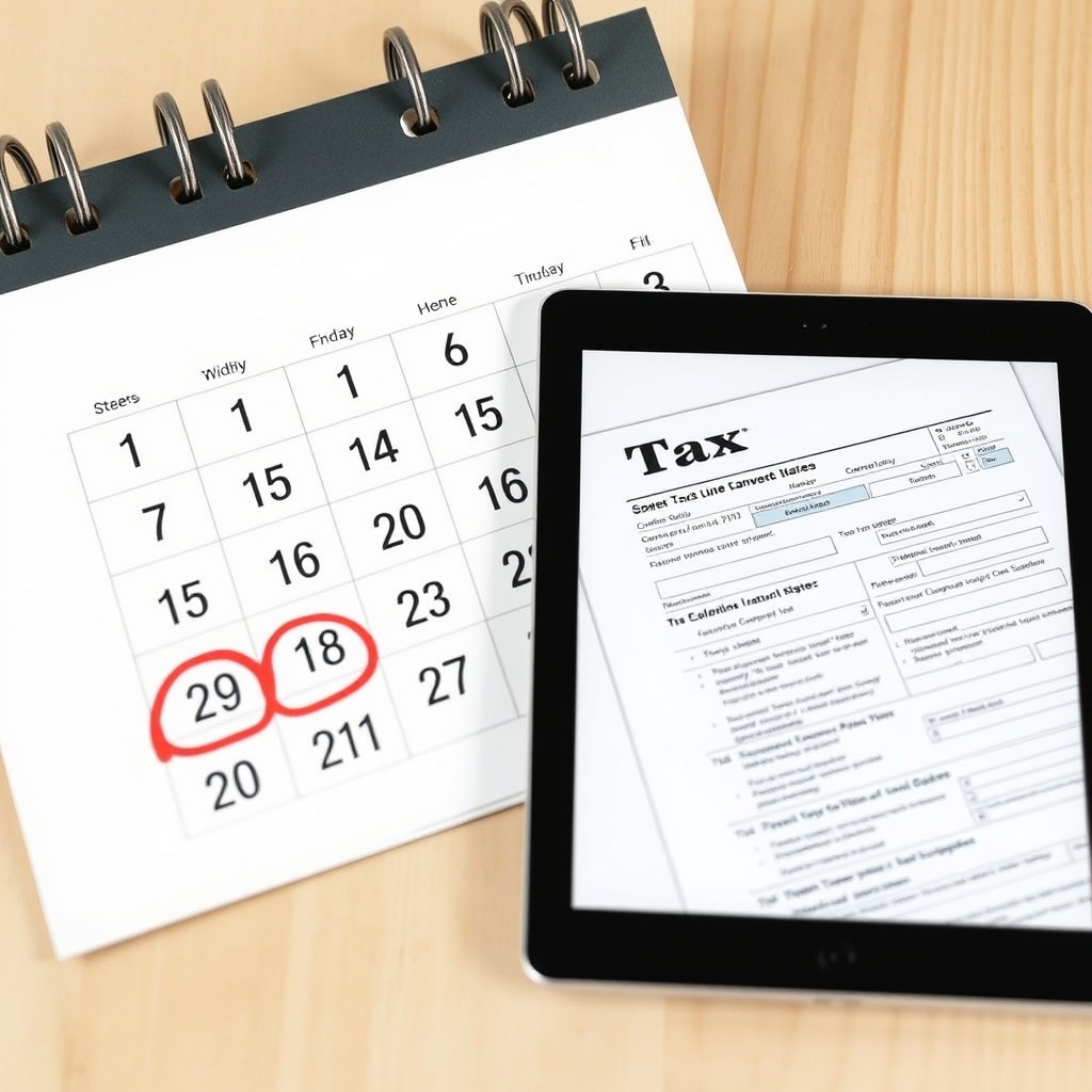 Professional stock photo of a calendar with a red circle around a future date, alongside a digital tablet displaying a tax form, representing deadlines and compliance timelines.