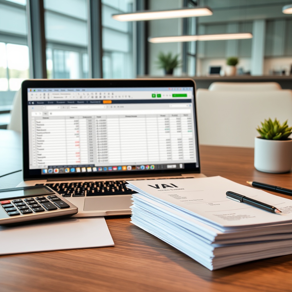 Professional stock photo of a modern office desk with a laptop displaying a spreadsheet, a calculator, and a stack of invoices, representing VAT management and financial obligations for freelancers.