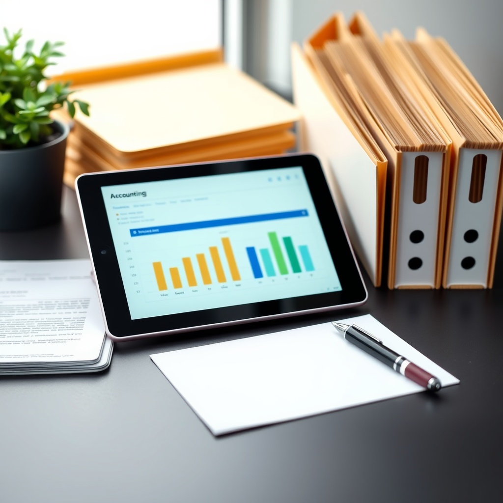Professional stock photo of a clean, organized workspace with a tablet showing accounting software, neatly filed folders, and a pen, symbolizing bookkeeping and record-keeping essentials.