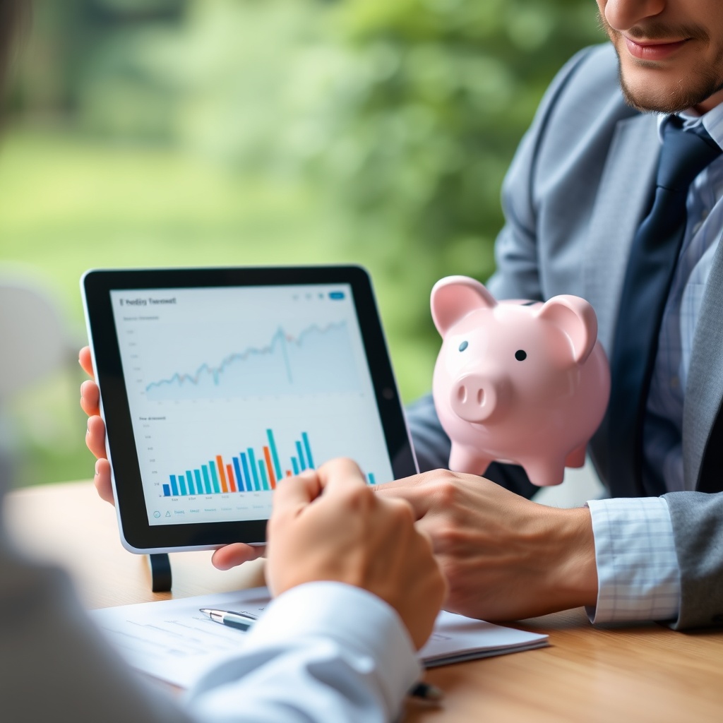 Professional stock photo of a person reviewing financial charts and a piggy bank on a tablet, with a serene background, representing retirement planning and long-term financial security.