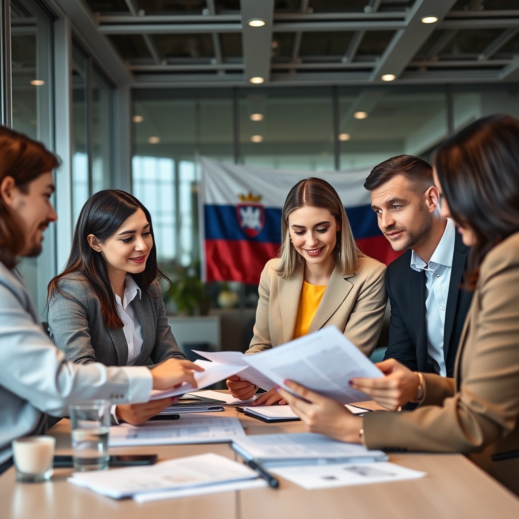 Professional stock photo of a diverse group of business professionals in a modern office setting, reviewing financial documents and discussing personal income tax strategies, with a Slovenian flag subtly visible in the background.