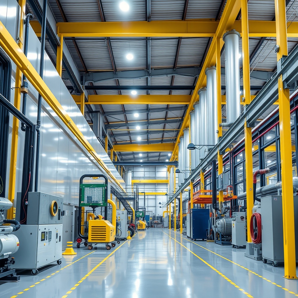 Professional stock photo of a modern, eco-friendly manufacturing facility in Slovenia, showcasing clean energy technology and sustainable business practices, with a focus on industrial efficiency and environmental responsibility.