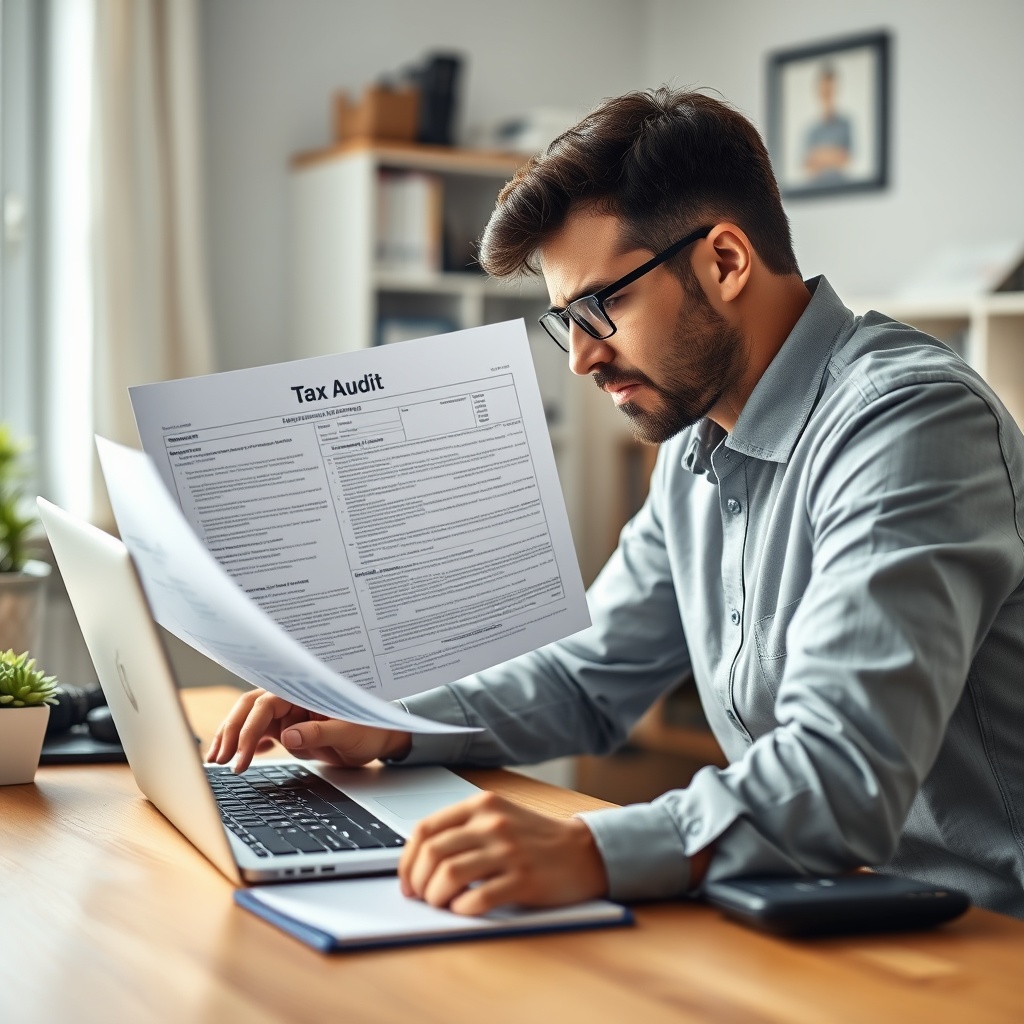 Professional stock photo of a person carefully reviewing a complex tax audit document on a laptop in a well-lit home office, looking concerned but focused, with a calculator and notepad nearby.