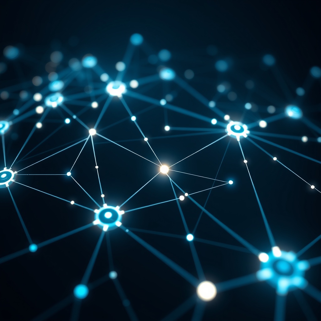 Professional stock photo of a futuristic blockchain network visualization with digital nodes and connections glowing against a dark background, representing Slovenia's crypto and digital asset ecosystem.