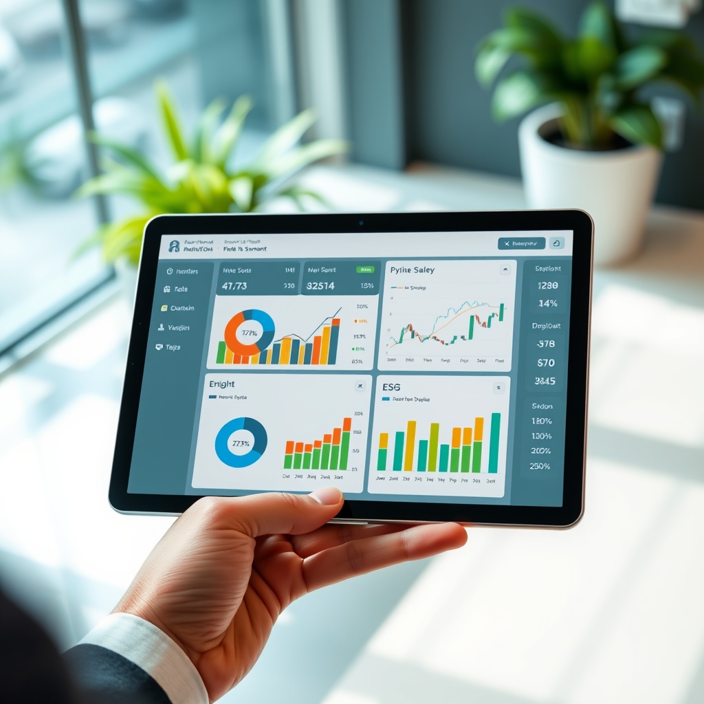 Professional stock photo of a modern wealth management dashboard on a tablet screen with charts, graphs, and ESG metrics, held by a person in a business setting.