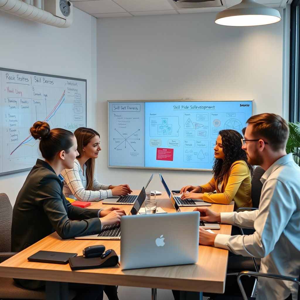 Professional stock photo of diverse professionals collaborating in a modern fintech office, with laptops and whiteboards showing skill development diagrams.