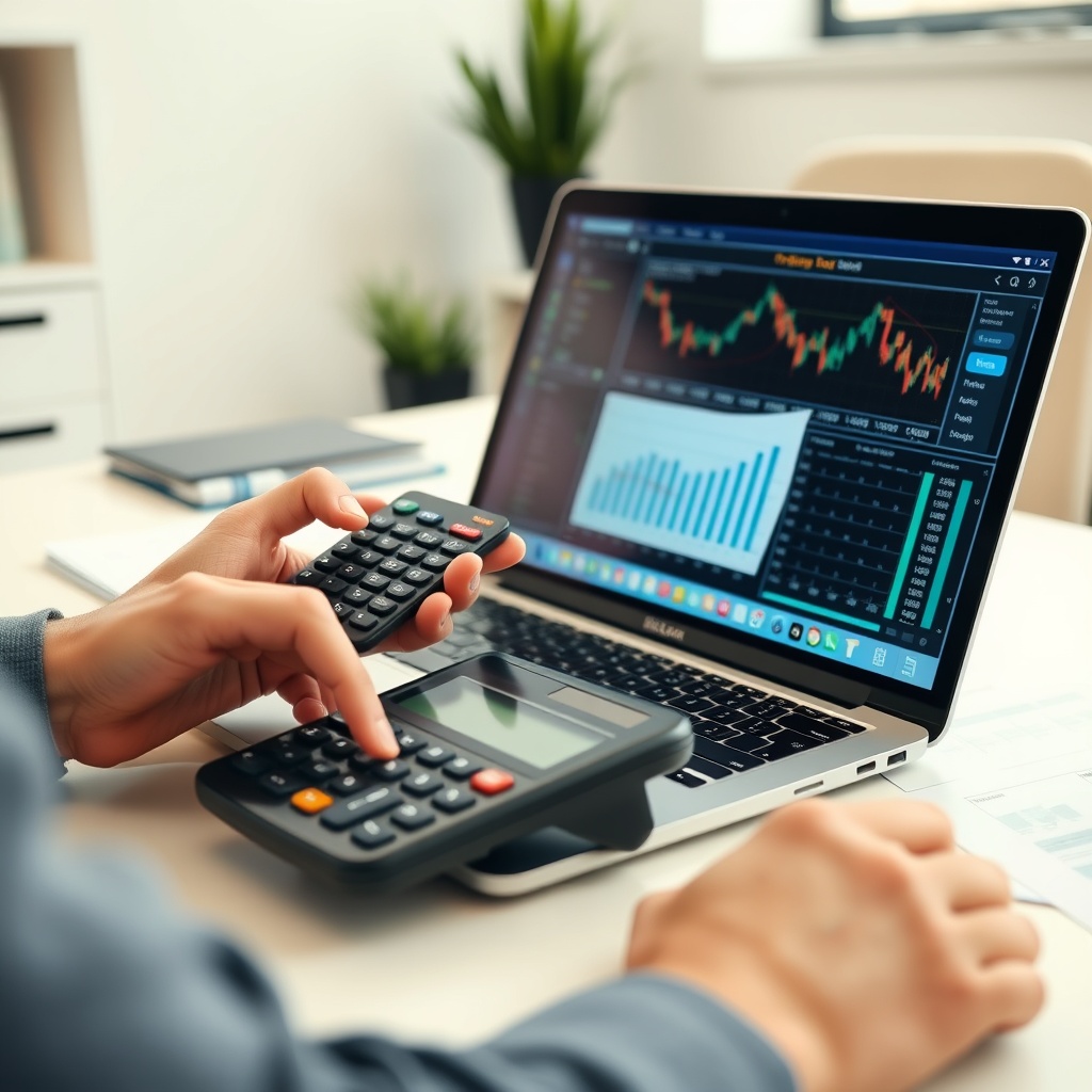 Professional stock photo of a person using a calculator and laptop, with cryptocurrency charts and tax documents visible on screen, in a clean office setting, representing tax calculation and compliance.