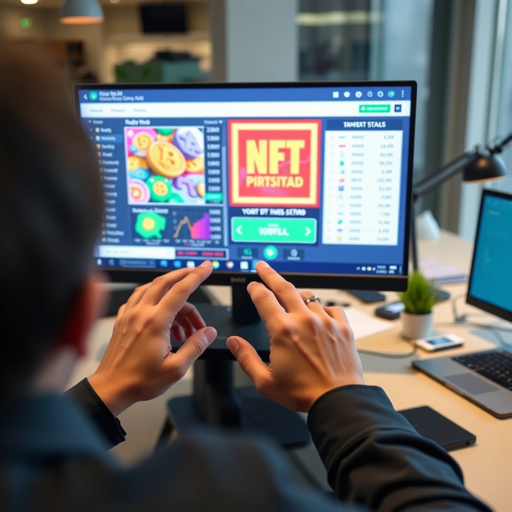 Professional stock photo of a person examining a digital screen displaying colorful NFT artwork and blockchain transaction data, in a modern workspace, representing NFT and digital collectible taxation.