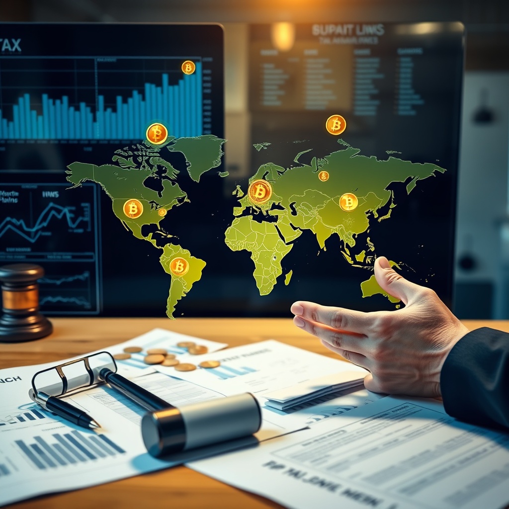 Professional stock photo of a person analyzing a global map with cryptocurrency icons overlaid, alongside financial charts and legal documents, in a strategic planning environment, representing advanced tax planning strategies.