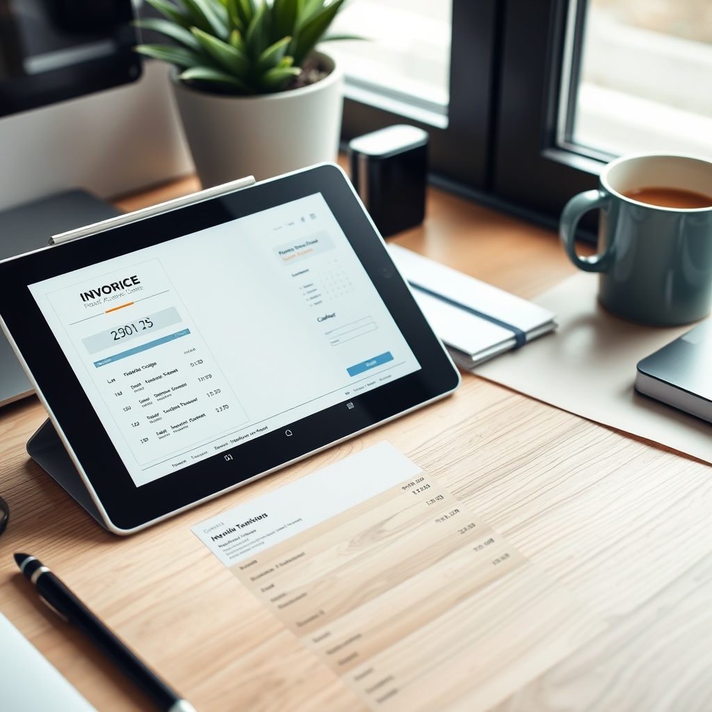 Professional stock photo of a freelancer's organized workspace with a digital tablet displaying a sleek invoice template, a calendar with payment due dates highlighted, and a coffee cup, natural daylight illumination.