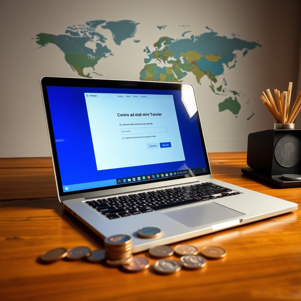Professional stock photo of a laptop showing an international wire transfer confirmation screen, with a world map in the background and foreign currency coins scattered tastefully on a wooden desk.