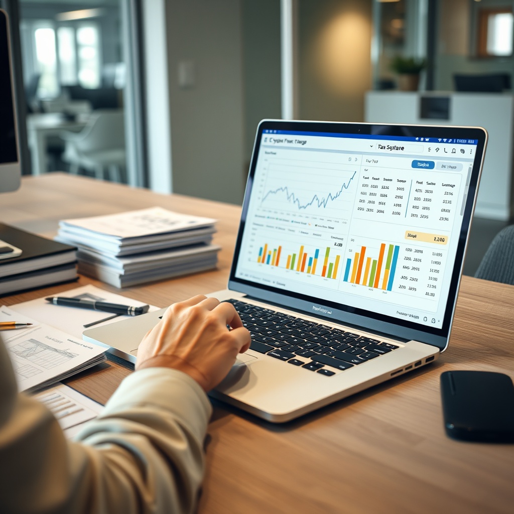 Professional stock photo of a person using a laptop with cryptocurrency tax software open, showing charts and calculations, in a modern office setting with documents organized neatly on a desk.