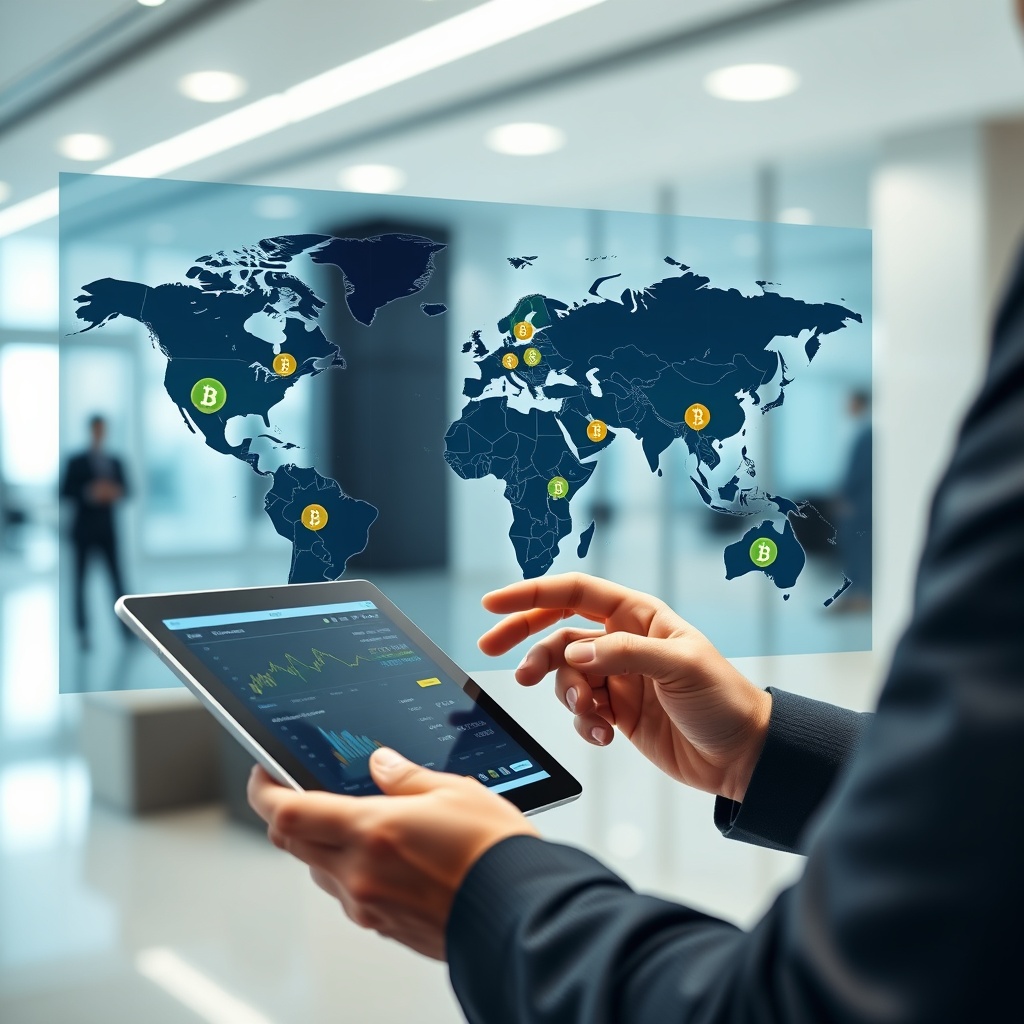 Professional stock photo of a person analyzing a global map with cryptocurrency symbols overlaid, holding a tablet showing financial data, in a sleek business environment.