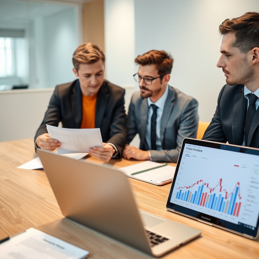 Professional stock photo of a person consulting with a tax advisor over documents and a laptop displaying crypto portfolio charts, in a professional meeting room.