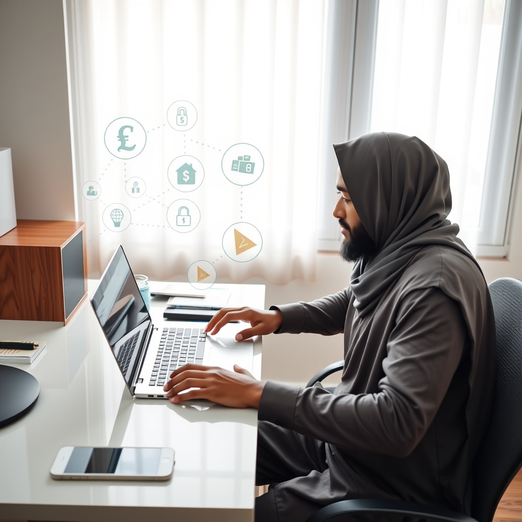 Professional stock photo of a Somali freelancer using a laptop to access multiple digital payment platforms and banking apps on a modern desk, with subtle visual elements representing international currency symbols and secure transaction icons.