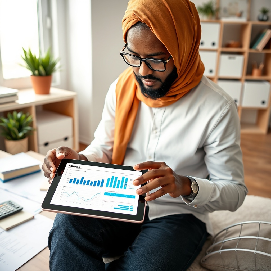 Professional stock photo of a Somali freelancer reviewing a detailed financial budget on a tablet, with charts and graphs visible, in a clean home office setting with organized documents and a calculator nearby.