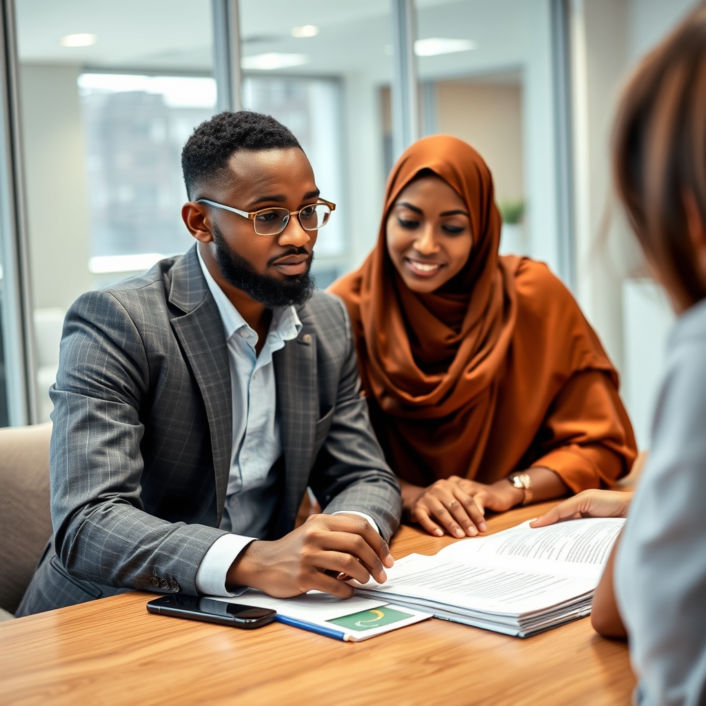 Professional stock photo of a Somali freelancer discussing business financing options with a financial advisor, reviewing loan documents or a microfinance application on a table in a professional office environment.