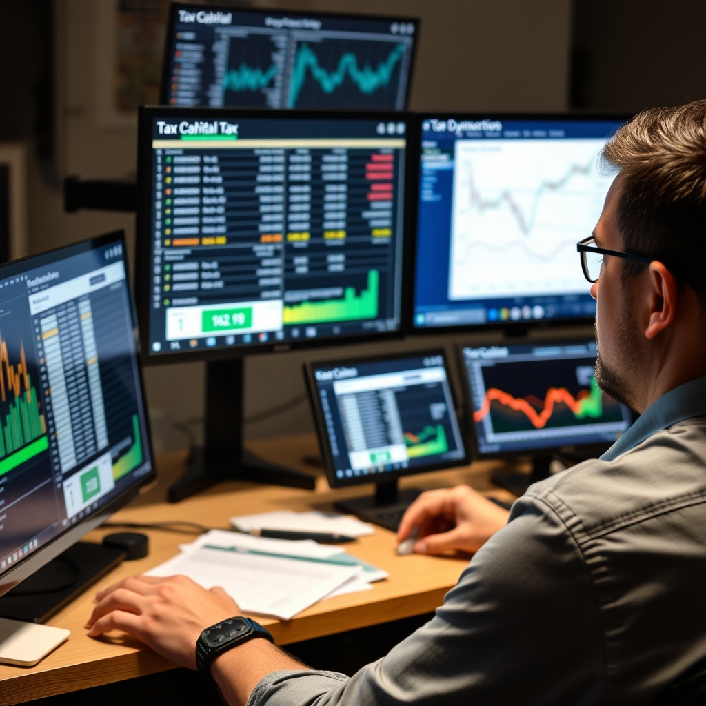 A professional stock photo of a person analyzing cryptocurrency transaction data on multiple digital screens, with a focus on tax calculation formulas and charts visible in the background, representing capital gains tax assessment.
