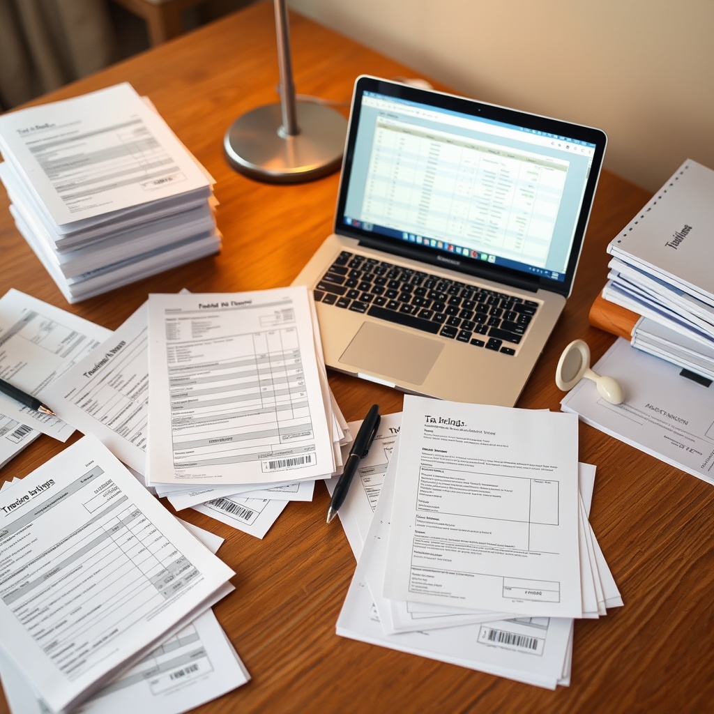 A professional stock photo of organized digital and physical documentation, including tax forms and transaction records, neatly arranged on a desk with a laptop open to a tracking software interface.