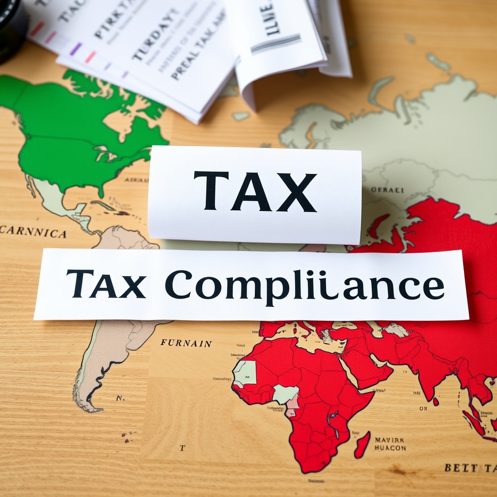 A professional stock photo depicting international tax compliance, with documents from different countries overlapping a world map, symbolizing double taxation agreements and cross-border regulations.