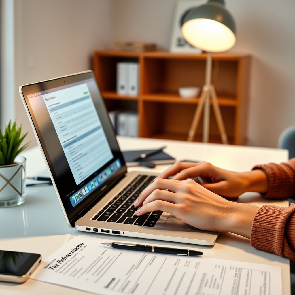 Professional stock photo of a person using a laptop to complete an online tax form on a clean desk, with a tax reference number document visible, in a modern home office setting.