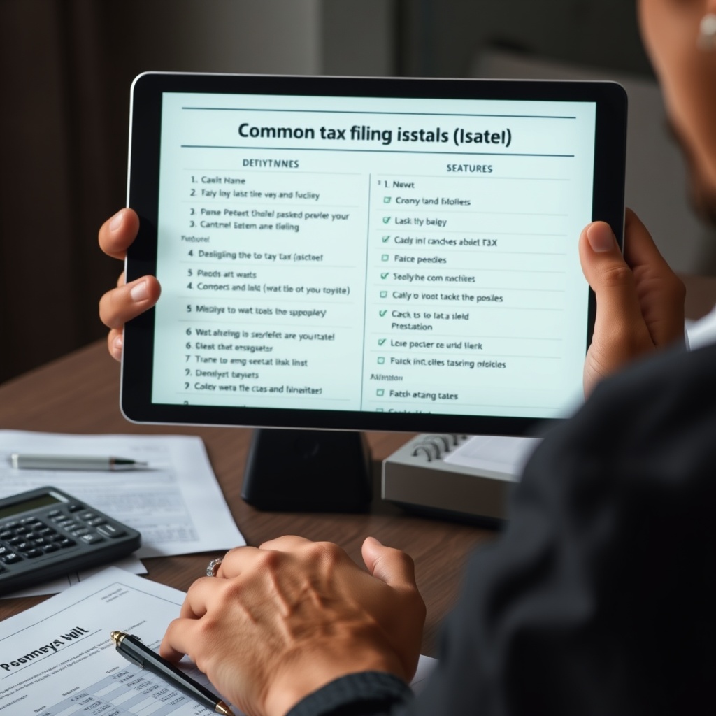 Professional stock photo of a person reviewing a list of common tax filing mistakes on a tablet, with a calculator and financial documents on a desk, looking concerned but focused.