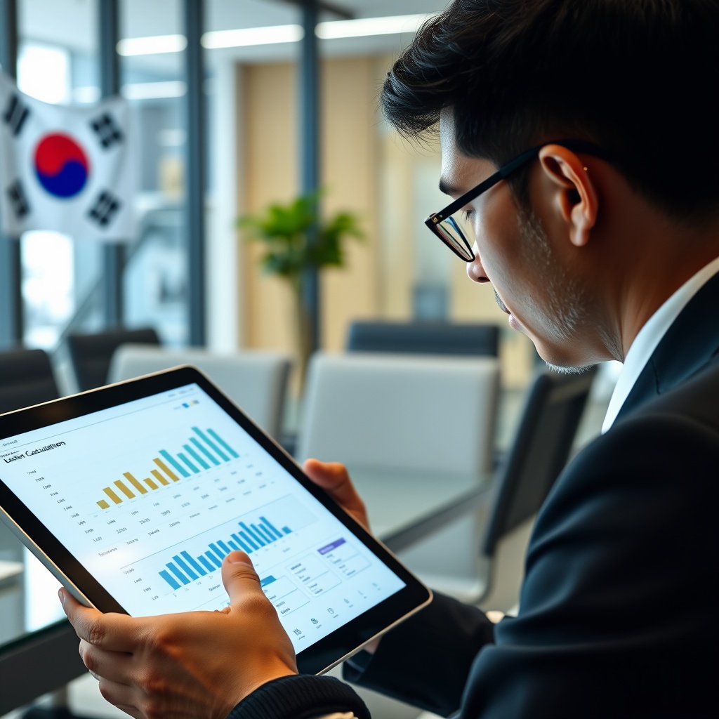 Professional stock photo of a person analyzing cryptocurrency tax calculations on a digital tablet, with a modern office background and South Korean flag subtly visible.
